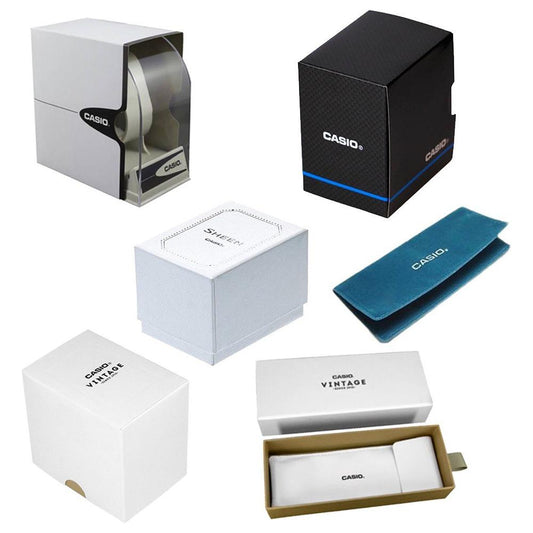Various Casio watch boxes and packaging options, including official and vintage styles, displayed in a collage.
