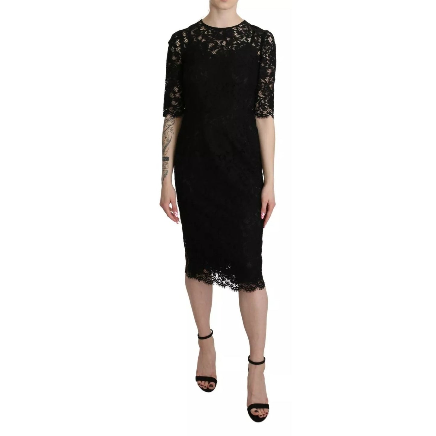 Dolce & Gabbana Black Floral Lace Sheath Knee Length Dress Dolce & Gabbana
