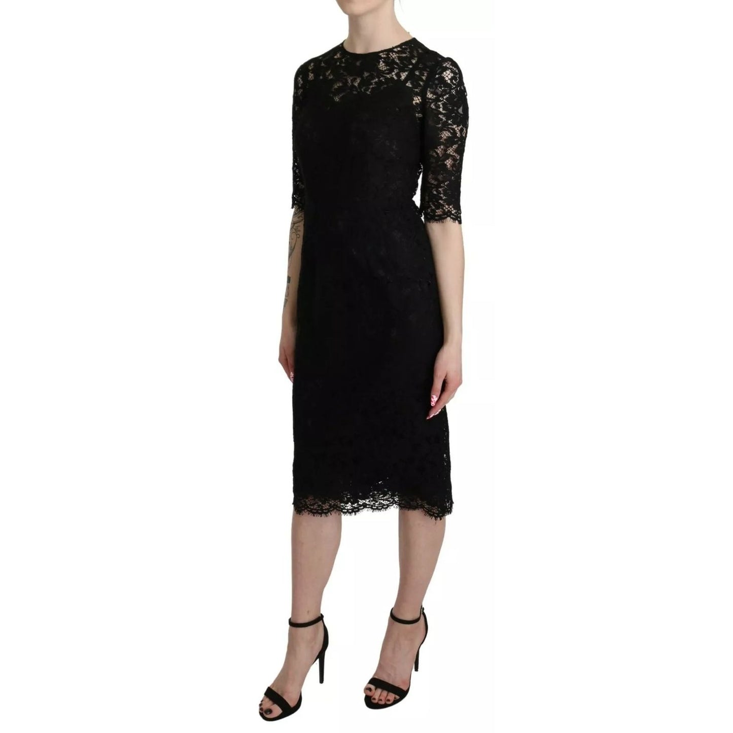 Dolce & Gabbana Black Floral Lace Sheath Knee Length Dress Dolce & Gabbana