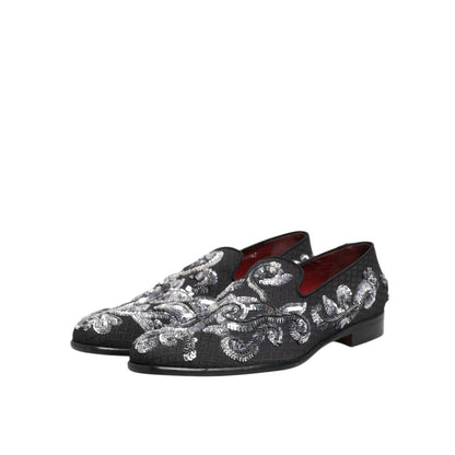 Dolce & Gabbana Black Silver Sequined Loafers Men Dress Shoes