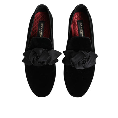Dolce & Gabbana Black Suede Cotton Rose Slip On Loafers Shoes
