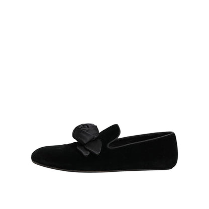 Dolce & Gabbana Black Suede Cotton Rose Slip On Loafers Shoes
