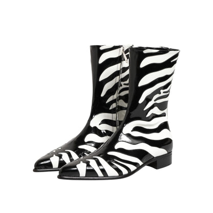 Dolce & Gabbana Black White Zebra Leather Mid Calf Boots Shoes