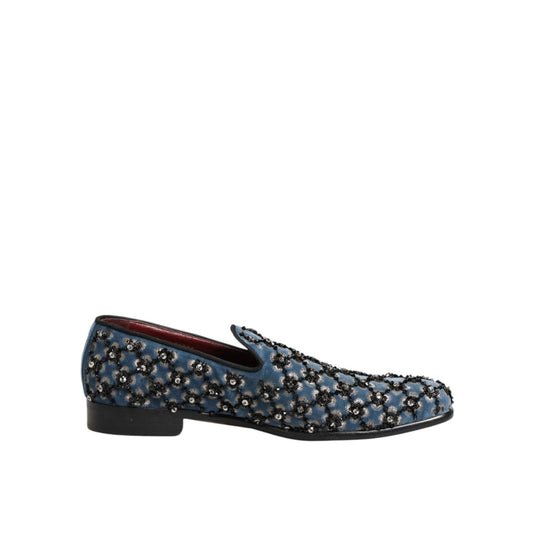 Dolce & Gabbana Blue Velvet Crystal Detailing Loafer Men Shoes