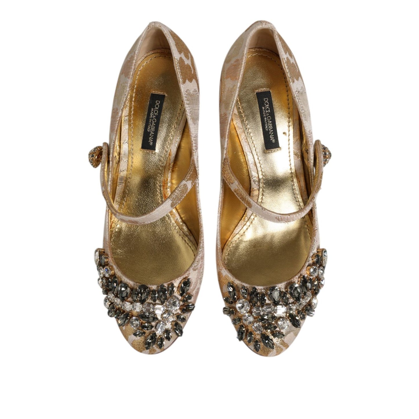 Dolce & Gabbana Gold Jacquard Crystal Mary Janes Pumps Shoes