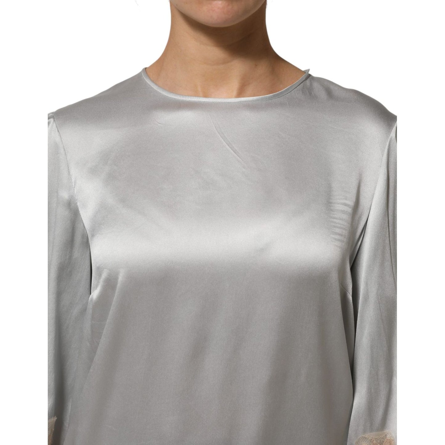 Dolce & Gabbana Gray Silk Satin Floral Lace Long Sleeve Top