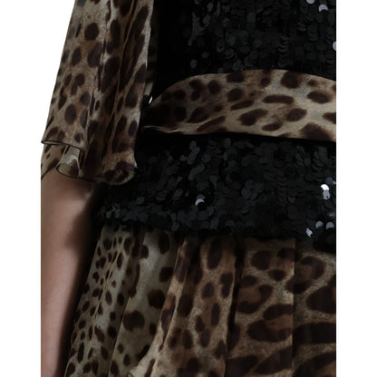 Dolce & Gabbana Leopard Print Silk Sequin Ruffle Maxi Dress