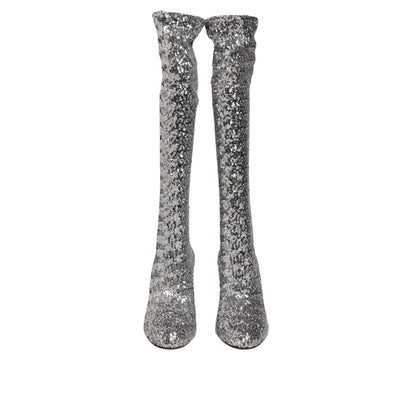 Dolce & Gabbana Silver Sequins Glitter High Heel Boot Shoes