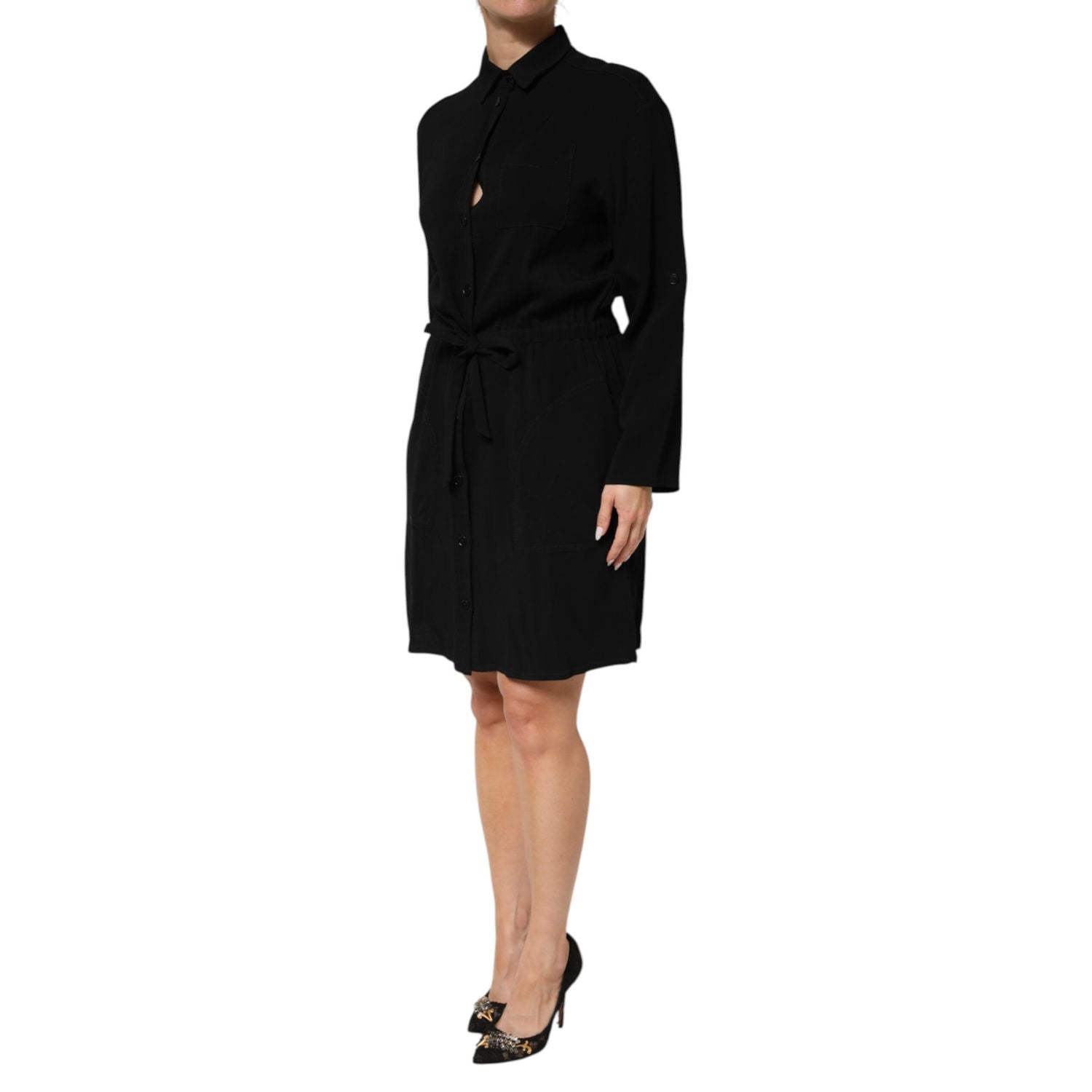 Emporio Armani Black Viscose Blend Shirt Style Belted  Dress