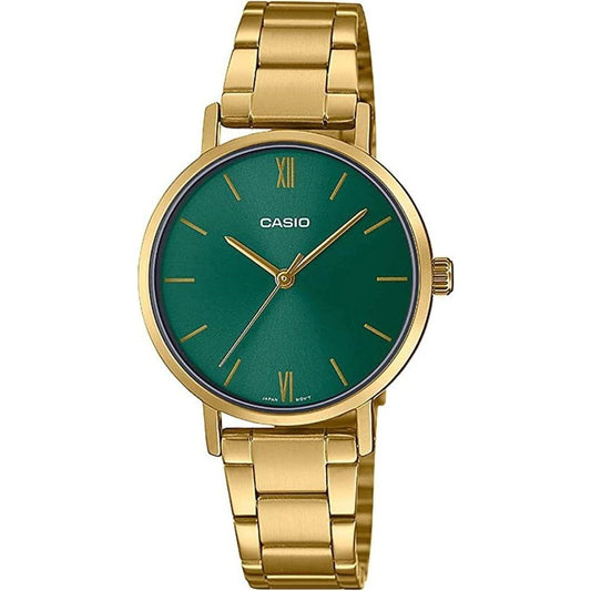CASIO COLLECTION ladies' wristwatch with green dial, gold metal case and strap, quartz movement, 3 ATM water resistance.