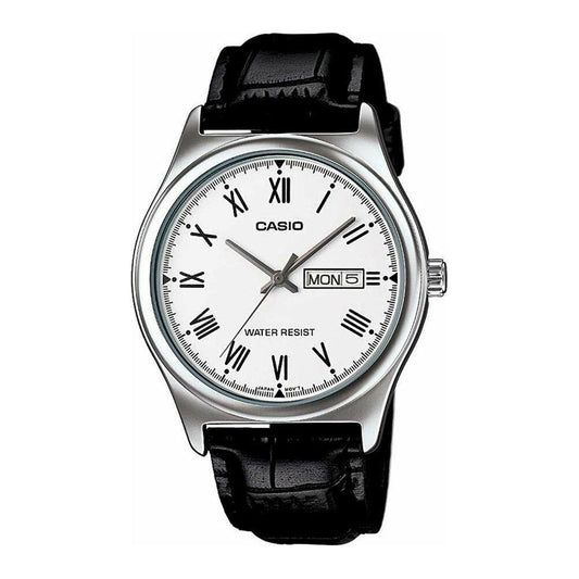Casio Collection gent's wristwatch with white dial, Roman numerals, black leather strap, quartz movement, and day-date function.