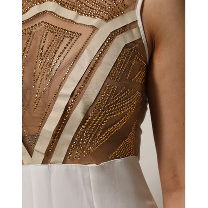 Mangano White Beige Mesh Crystal Embellished Sleeveless Jumpsuit Mangano