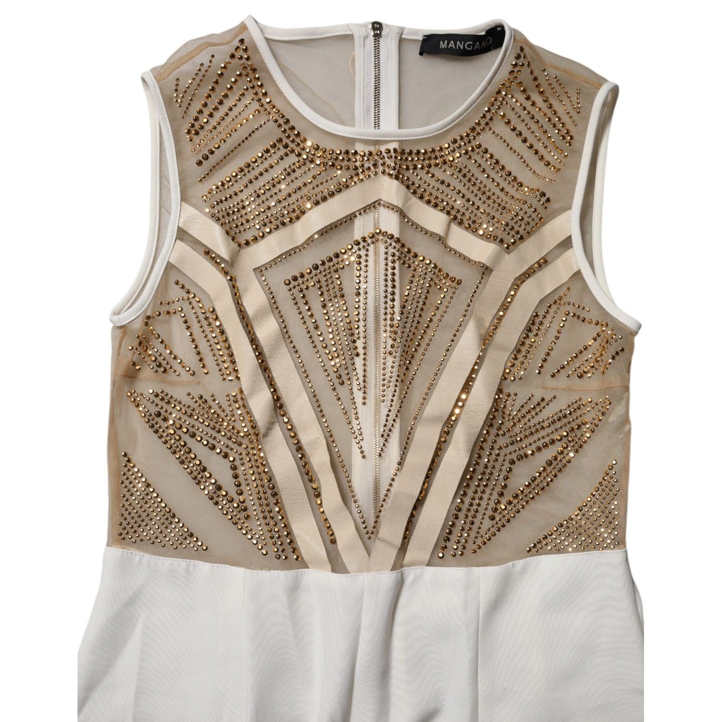 Mangano White Beige Mesh Crystal Embellished Sleeveless Jumpsuit Mangano