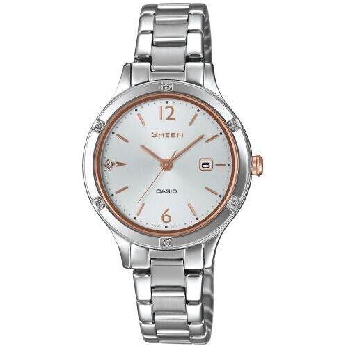 CASIO SHEEN Lady Date wristwatch, silver stainless steel, mineral dial, quartz movement, splash proof, 30mm case, special price.
