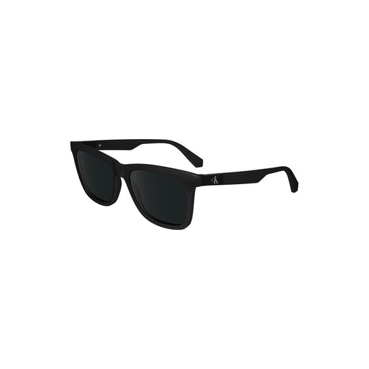 Calvin Klein black square sunglasses with injected plastic frame and logo, featuring 54mm lens width, 17mm bridge, and 140mm temple length.