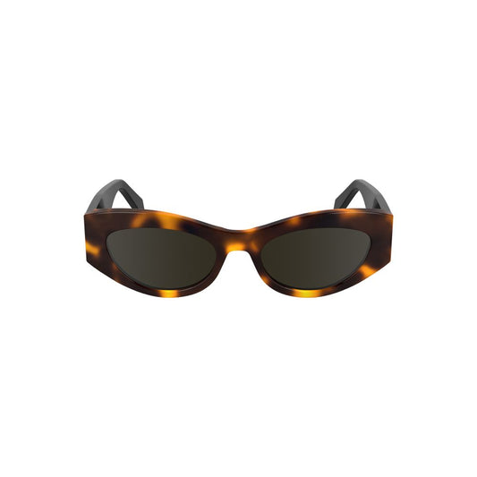 Calvin Klein brown cat eye sunglasses in premium bio-acetate with sleek lenses and iconic logo, 52mm width for style and comfort.
