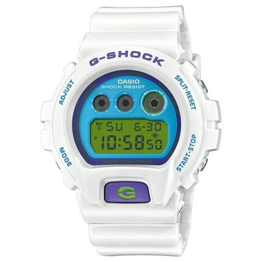 CASIO G-SHOCK Oversize Crazy Colours Series wristwatch with white resin strap and multifunction quartz movement.