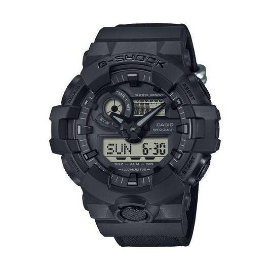 CASIO G-SHOCK Bold Black Watch with Cordura Eco Strap, 53.5 mm Resin Case, Quartz Movement, Multifuntional, Water Resistant 20 ATM.