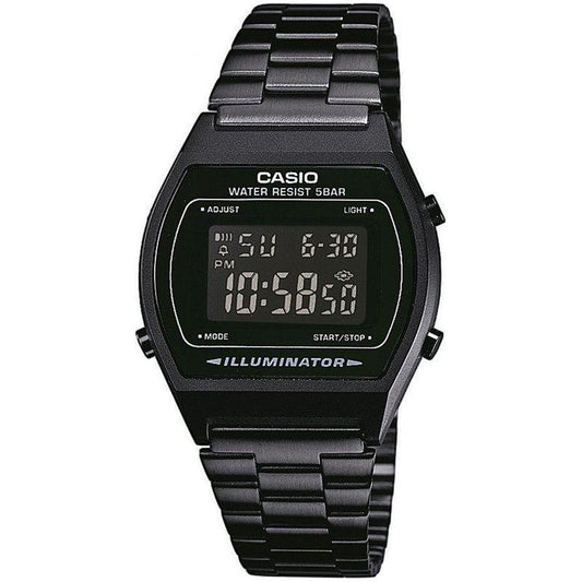 CASIO VINTAGE ILLUMINATOR BLACK wristwatch, 5 ATM water resistance, resin case, metal strap, quartz multifunction, unisex design.