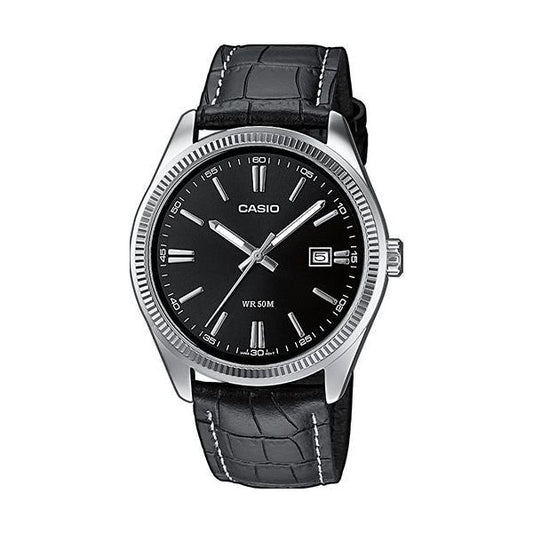 CASIO EU WATCHES Mod. MTP-1302PL-1AVEF, gent's quartz wristwatch with black leather strap, 38.5mm stainless steel case, water-resistant 5 ATM