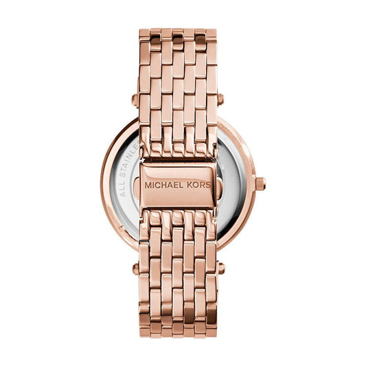 Back view of the Michael Kors Darci rose gold wristwatch, featuring stainless steel strap and quartz movement. Ideal for women.