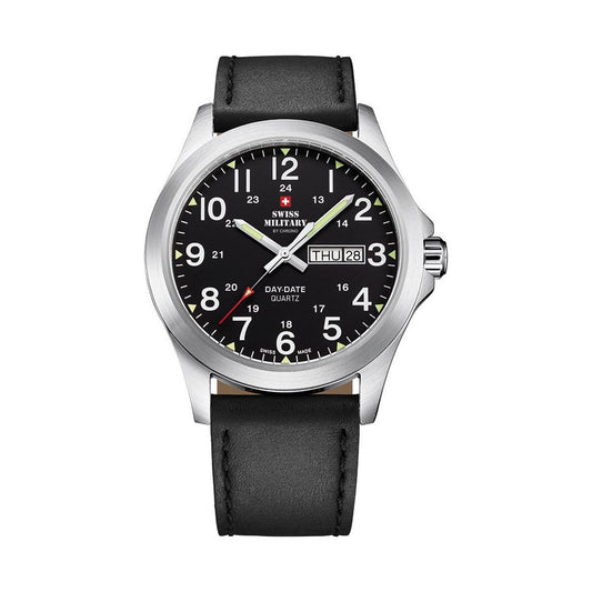 SWISS MILITARY HANOWA SMP36040.15 watch with black dial and leather strap, featuring day-date display and Swiss quartz movement.